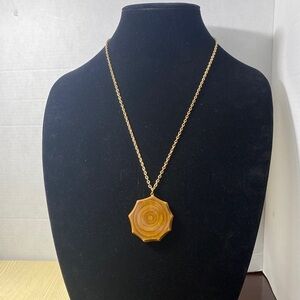 Elegant Carved Wood Pendant On Gold Tone Necklace Hong Kong